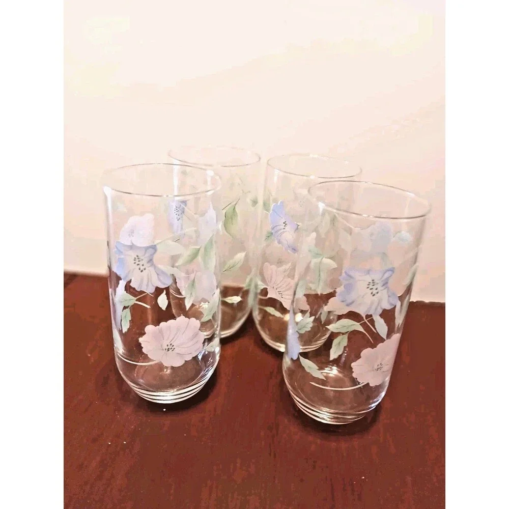 Vintage Set of 4 Floral 14 oz Drinking Glasses Blue Pink Flower Tumblers